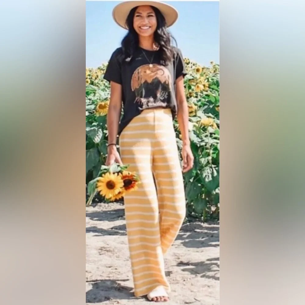 Zara | Knit Pant High Waisted Flare Leg Yellow Striped Elastic Waistband Small - Picture 4 of 12